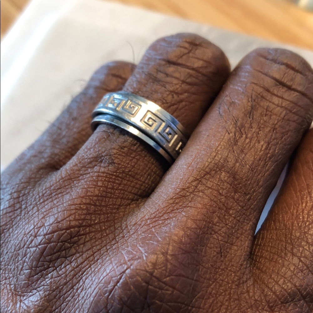 Silver Tone Greek Key Stainless Steel Men's Spinning Ring